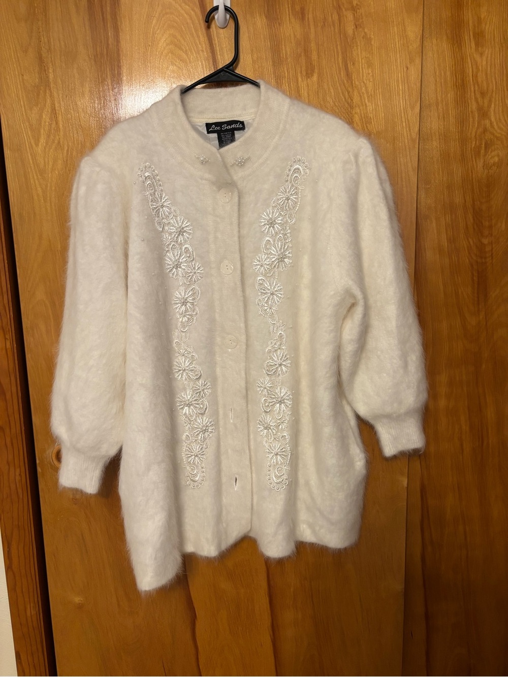 Vintage Lee Sands Angora Rabbit Hair Cardigan Sweater One Size Plus Embroidered